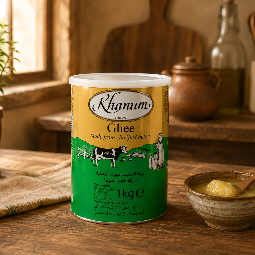 Een blik Khanum ghee van 1 kg op een houten tafel, met een schaaltje geklaarde boter